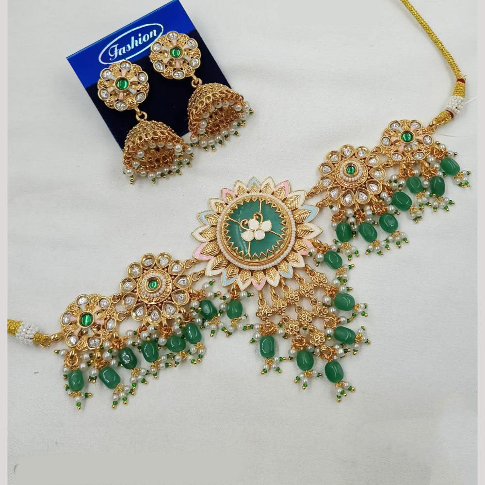 NAFJ Elegant Kundan And Pearl Meenakari Choker Necklace Set