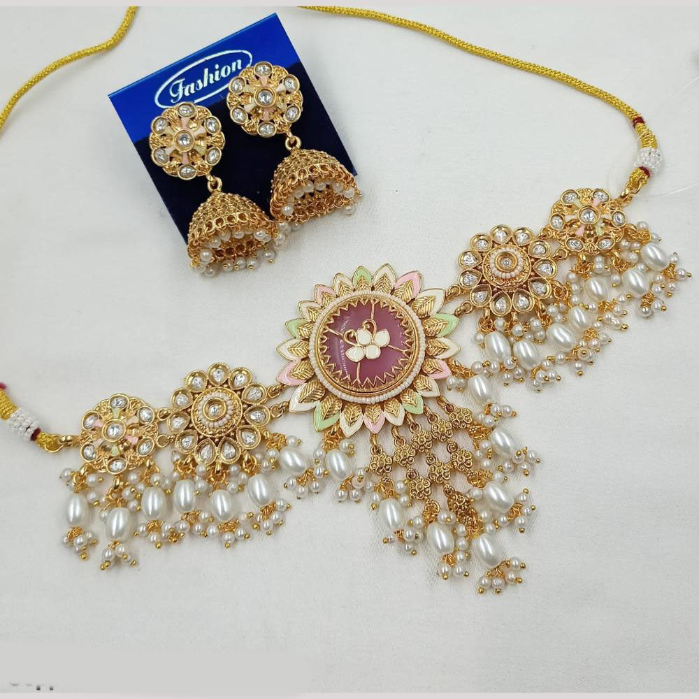 NAFJ Elegant Kundan And Pearl Meenakari Choker Necklace Set