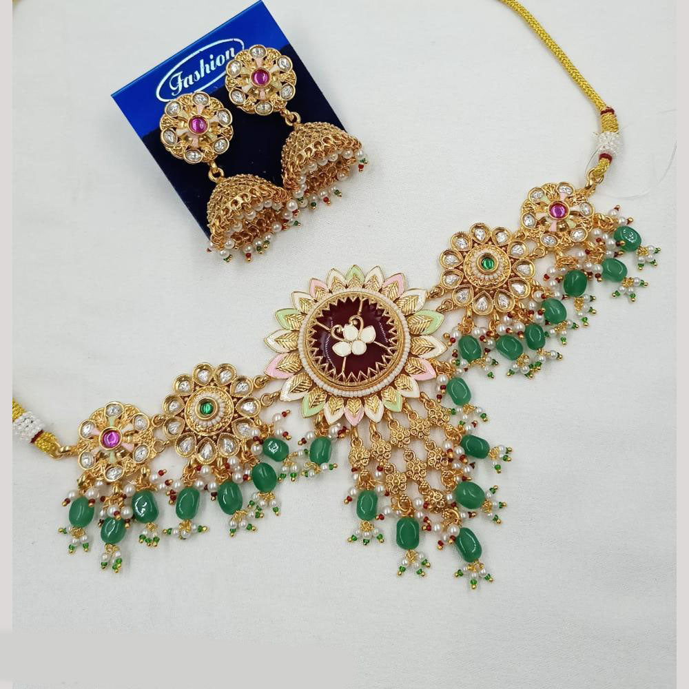 NAFJ Elegant Kundan And Pearl Meenakari Choker Necklace Set
