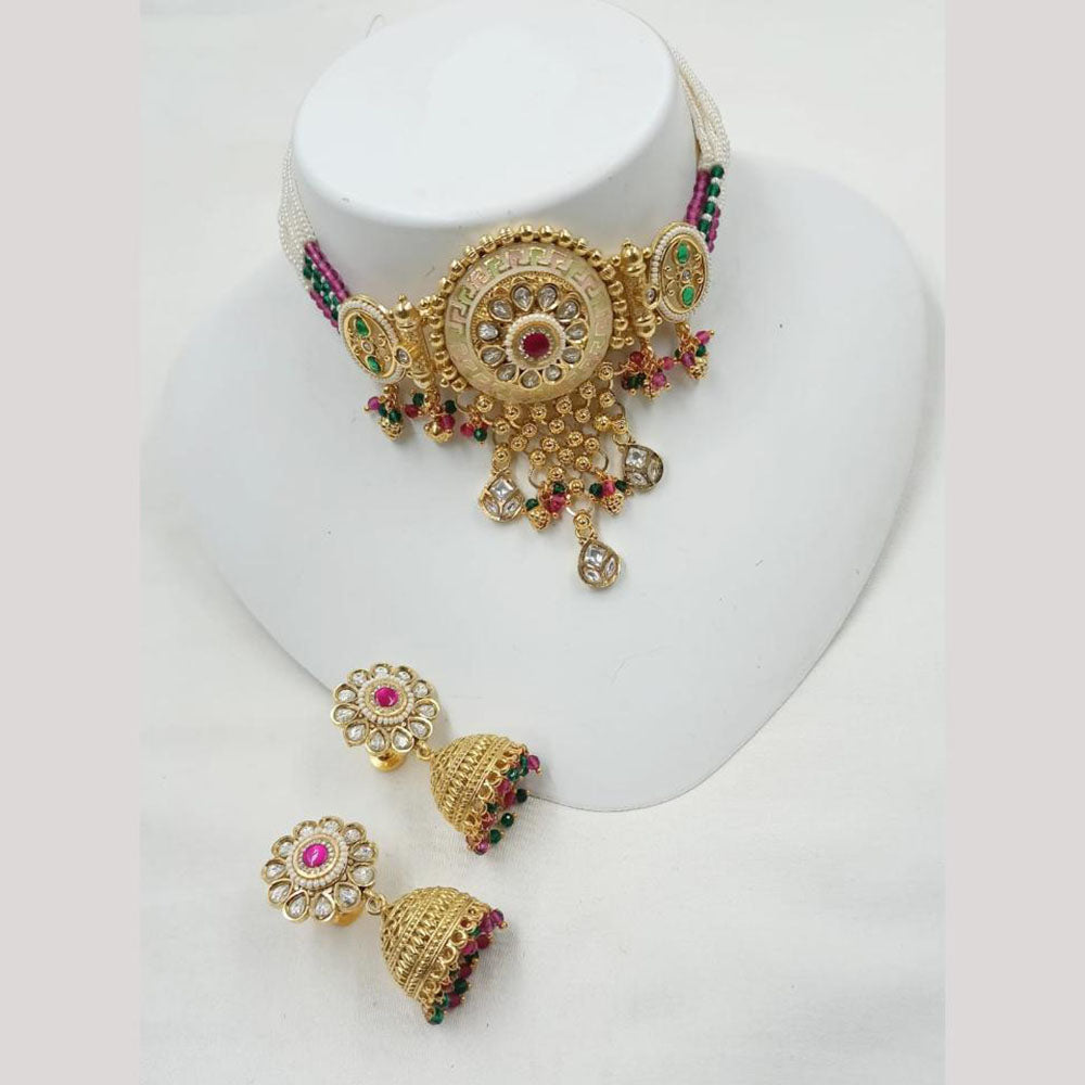 NAFJ Elegant Kundan And Pearl Meenakari Choker Necklace Set