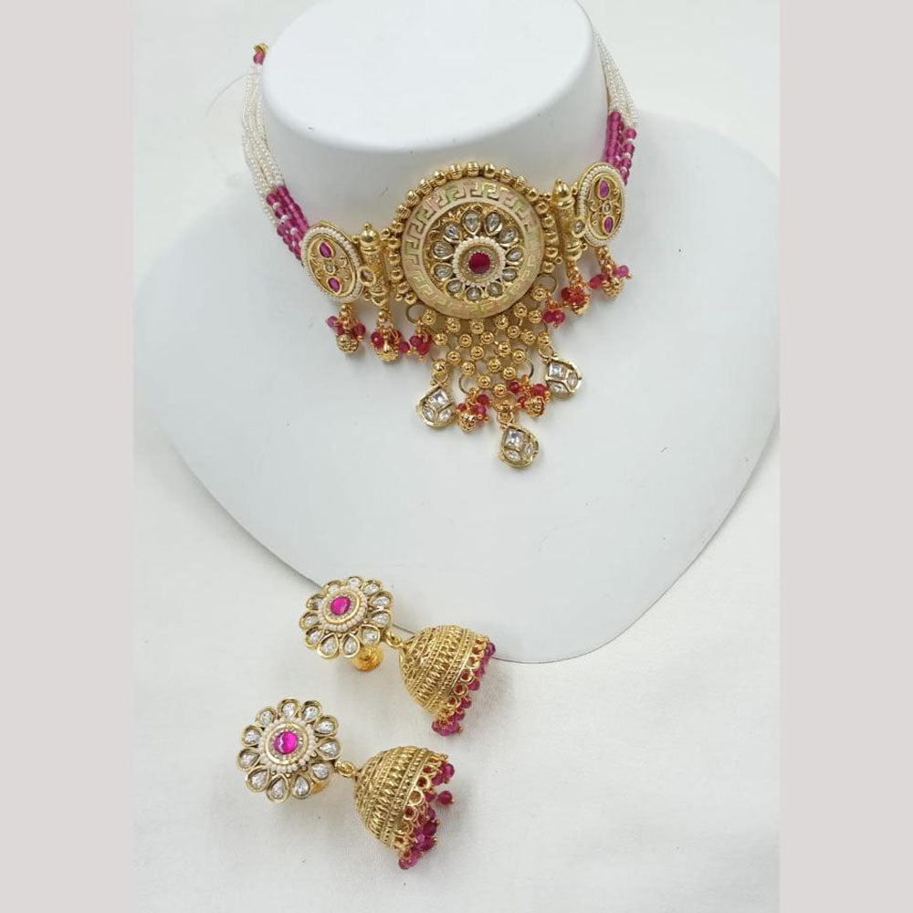 NAFJ Elegant Kundan And Pearl Meenakari Choker Necklace Set