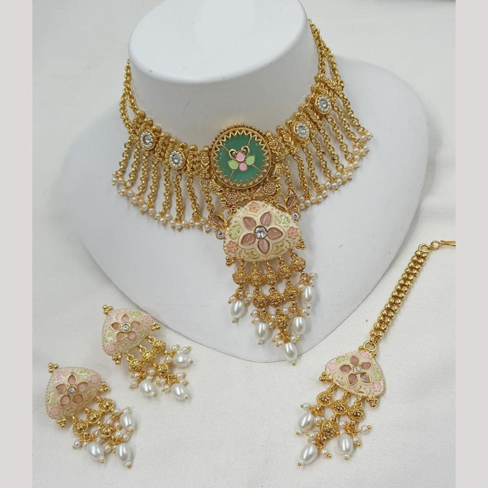 NAFJ Elegant Kundan And Pearl Meenakari Choker Necklace Set