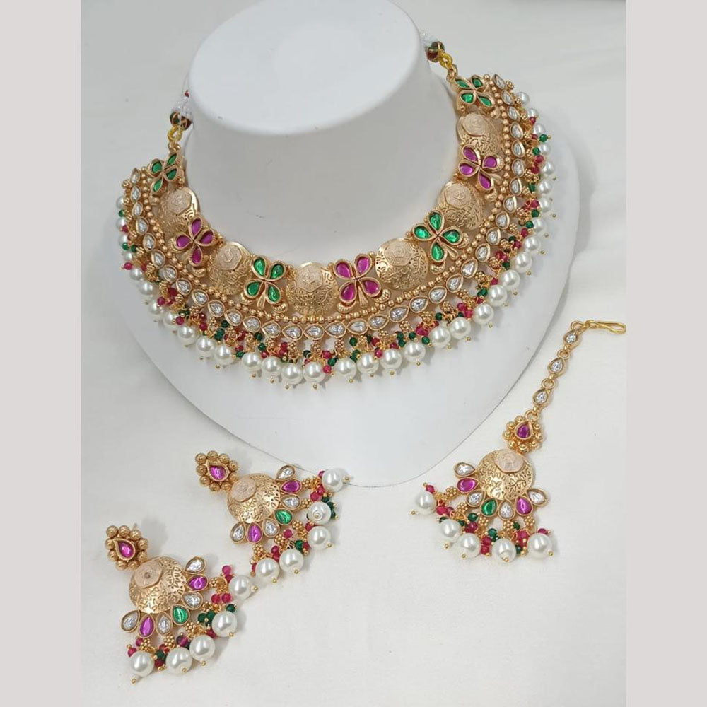 NAFJ Elegant Kundan And Pearl Meenakari Choker Necklace Set