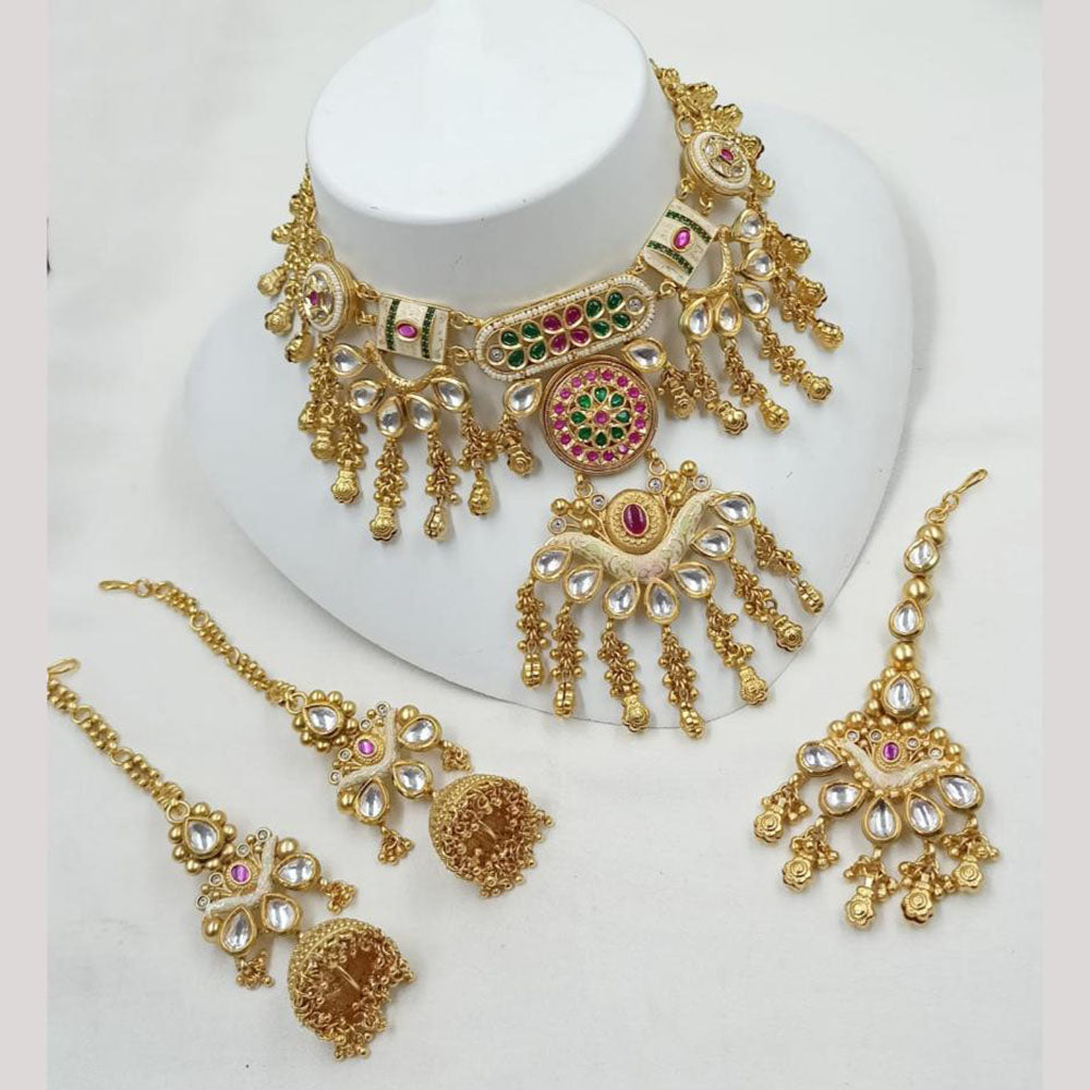 NAFJ Elegant Kundan And Pearl Meenakari Choker Necklace Set