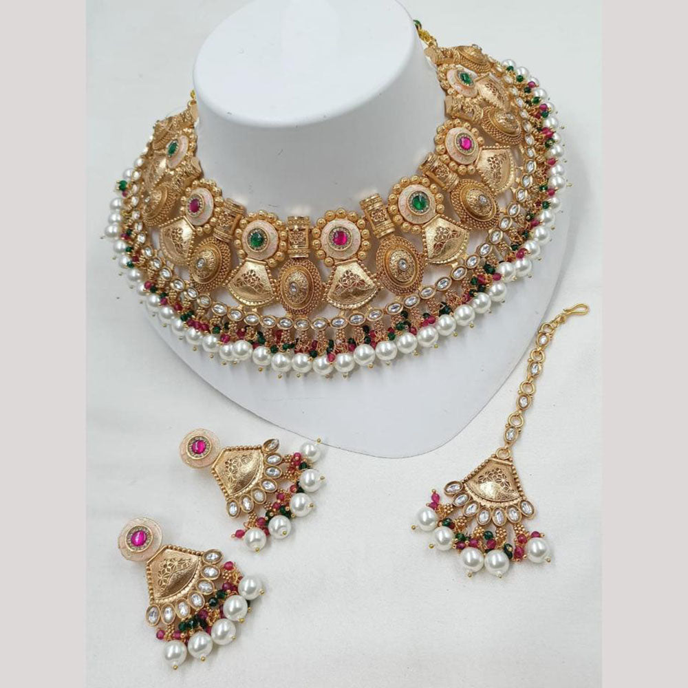 NAFJ Heavy Kundan And Pearl Meenakari Choker Necklace Set