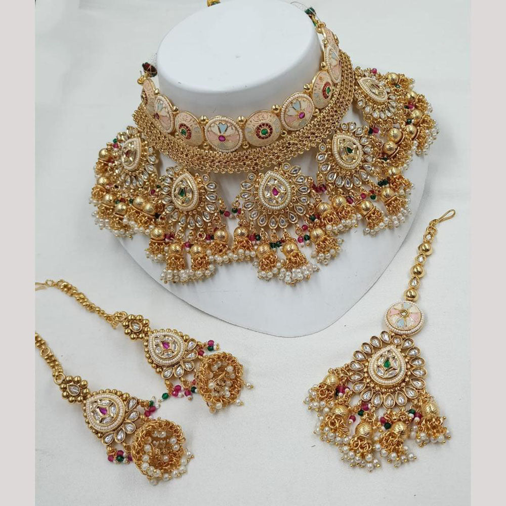 NAFJ Heavy Kundan And Pearl Meenakari Choker Necklace Set