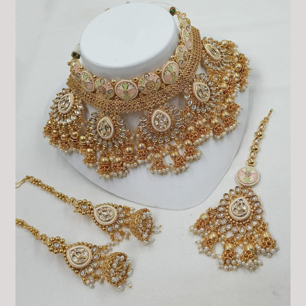 NAFJ Heavy Kundan And Pearl Meenakari Choker Necklace Set