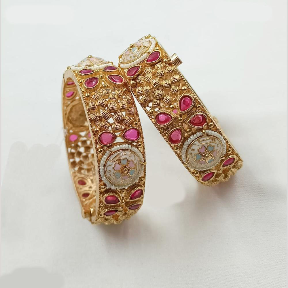 NAFJ Classic Pota Stone And Pearl Meenakari Openable Bangles Set