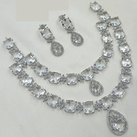 NAFJ Glamorous Rhodium Plated American Diamond Necklace Set