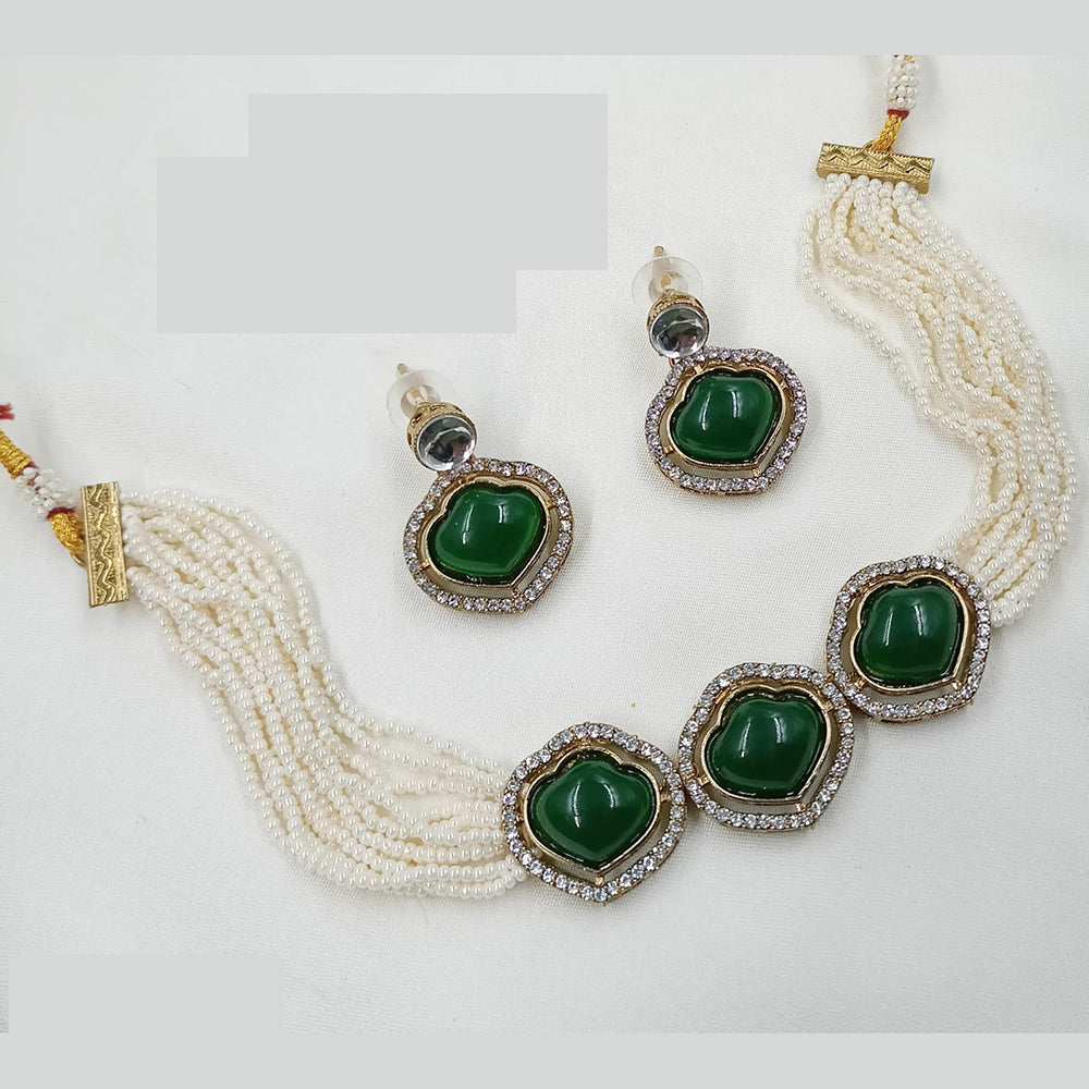 NAFJ Heart Charm Beaded Kundan Choker Necklace Set with Pearl String