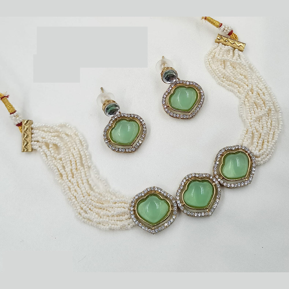 NAFJ Heart Charm Beaded Kundan Choker Necklace Set with Pearl String