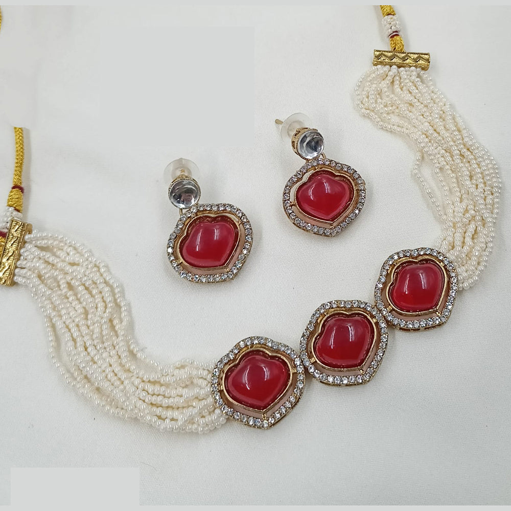 NAFJ Heart Charm Beaded Kundan Choker Necklace Set with Pearl String