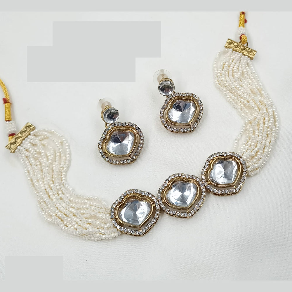 NAFJ Heart Charm Beaded Kundan Choker Necklace Set with Pearl String