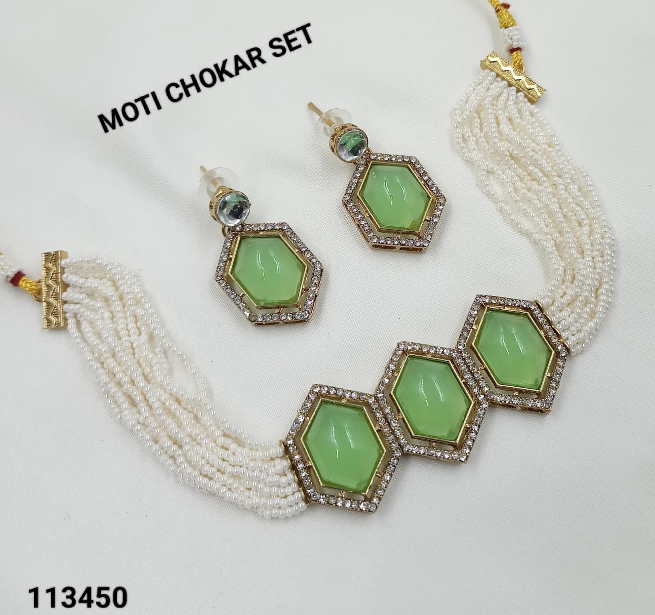 NAFJ Hexa Stone with Pearl String Kundan Choker Necklace Set