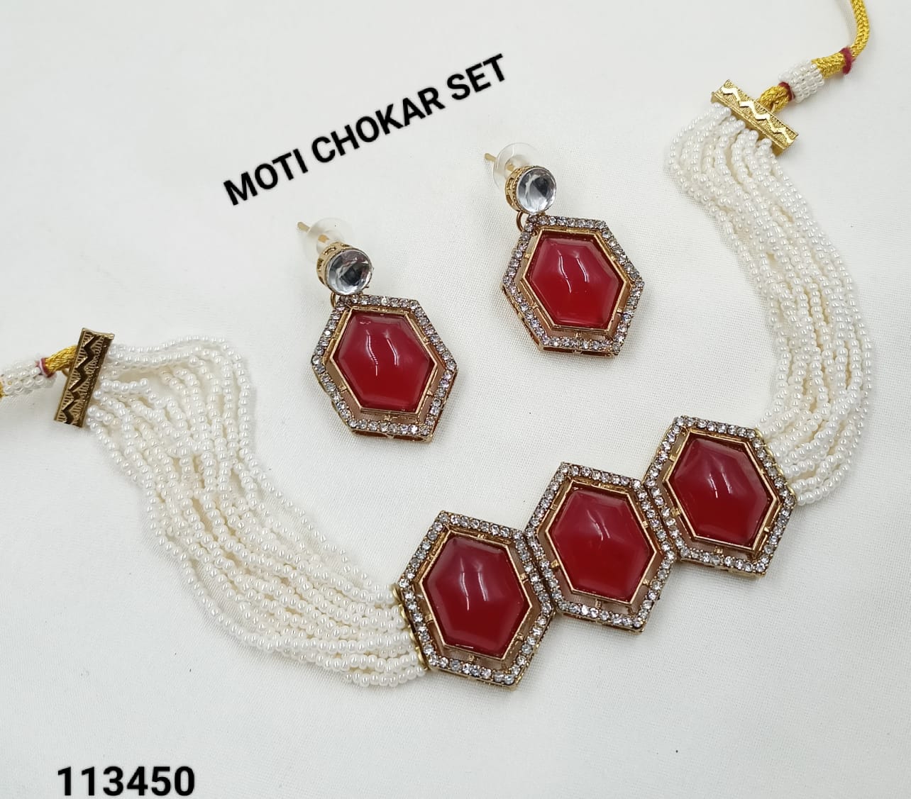 NAFJ Hexa Stone with Pearl String Kundan Choker Necklace Set