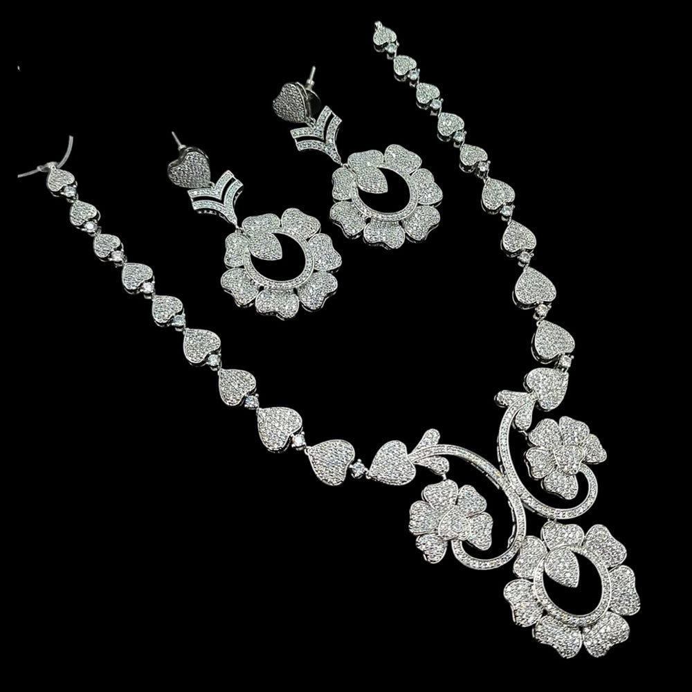 NAFJ Trendy Rhodium Plated Flower Design American Diamond Necklace Set