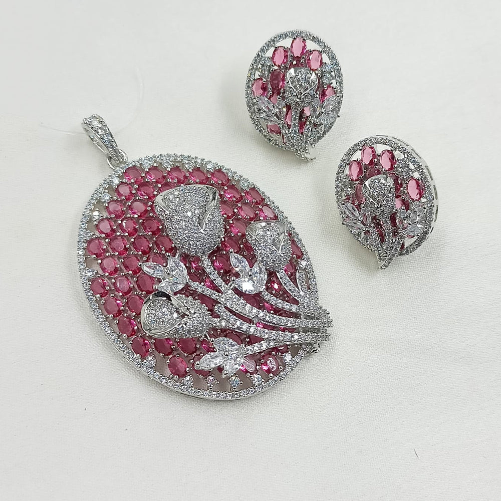 NAFJ Dazzle Bloom Rodium Plated  American Diamond Pendant Set with Matching Earrings