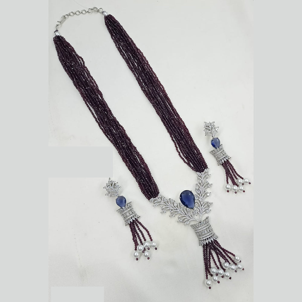 NAFJ Radiant Sparkle American Diamond & Pearl Long Necklace Jewellery Set for Party & Ethnic Wear