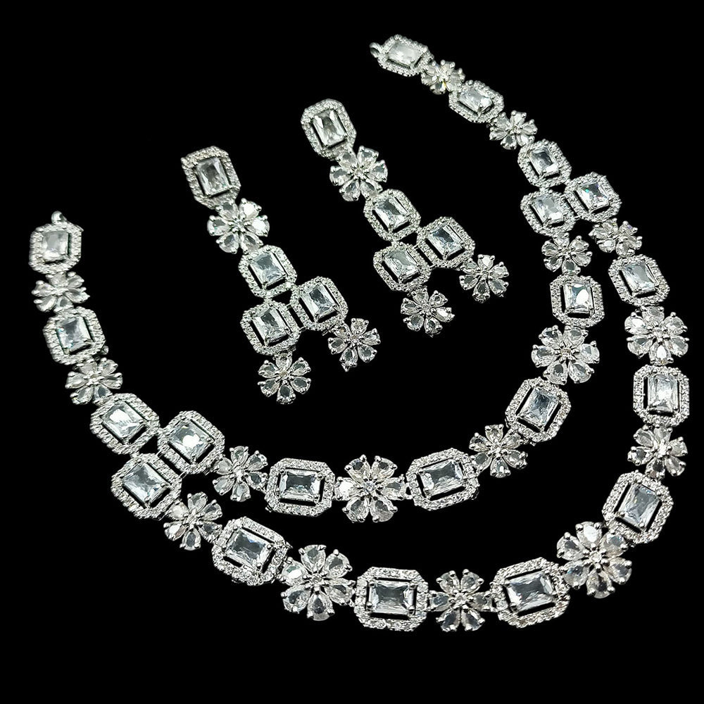NAFJ Sparkling American Diamond Multi Layer Long Necklace Set For Wedding Occassions