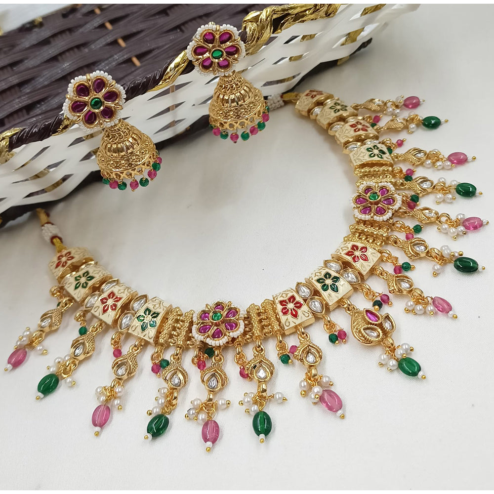 NAFJ Luxury Pota Stone And Pearl Fashion Meenakari Necklace Set