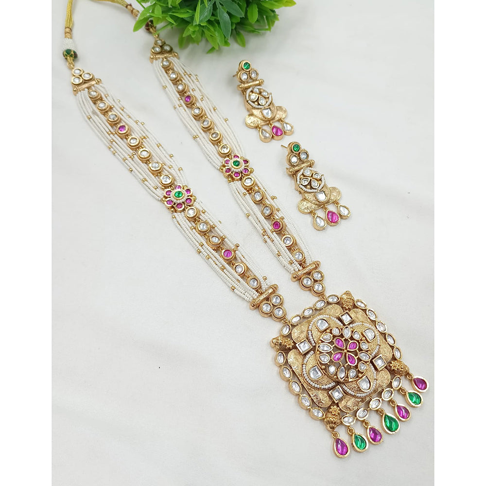 NAFJ Gold Plated Crystal Stone And Pearl  Long Necklace Set