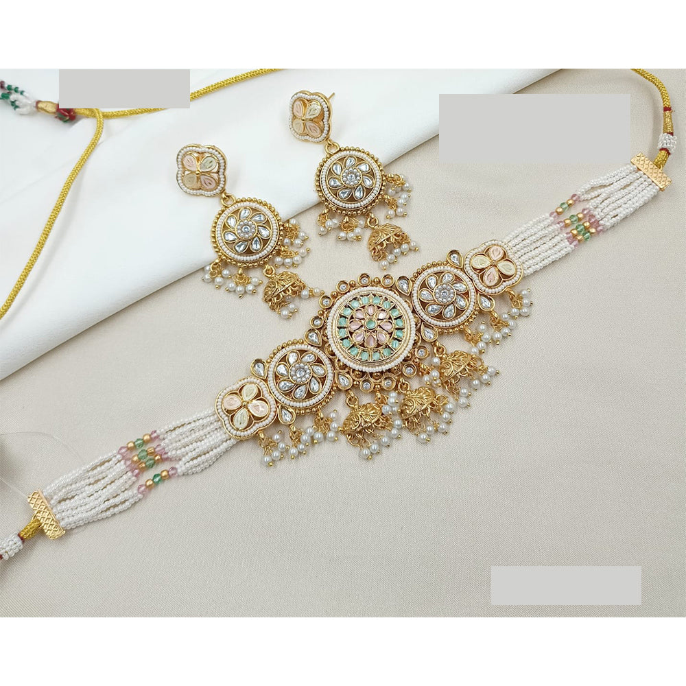 NAFJ Royal Pota Stone And Pearl Meenakari Choker Necklace Set