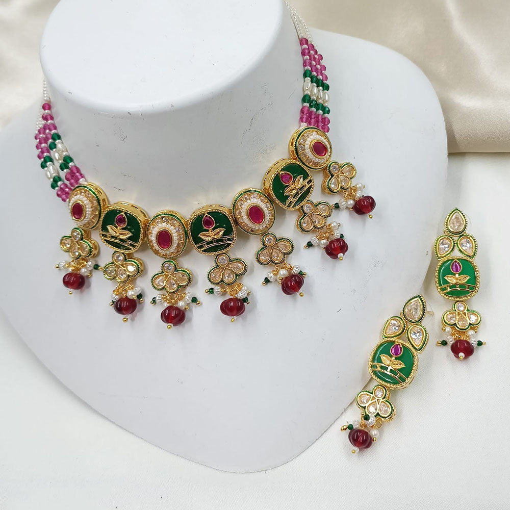 NAFJ Sparkling Crystal Stone Pearl And Beads Designer Choker Necklace Set