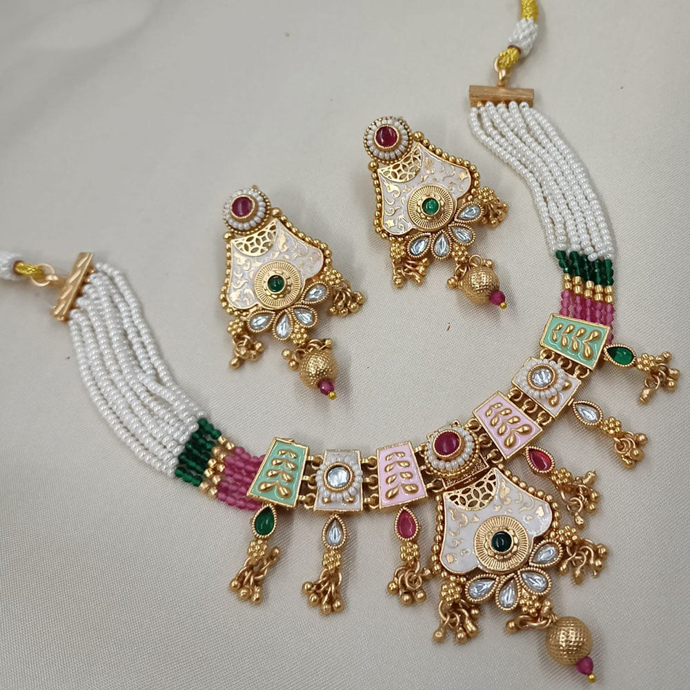 NAFJ Sparkling Pota Stone And Pearl Designer Meenakari Necklace Set