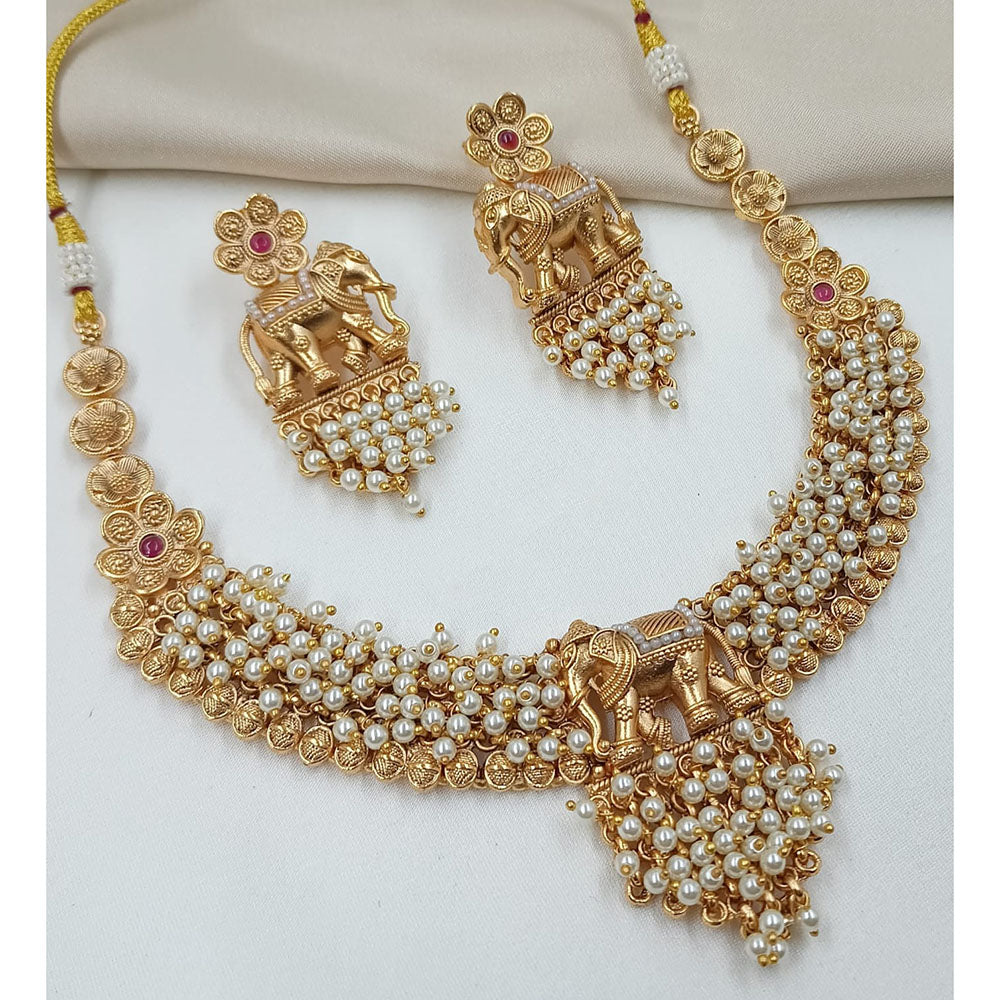 NAFJ Luxury Pota Stone Elephant Pearl Traditional Necklace Set