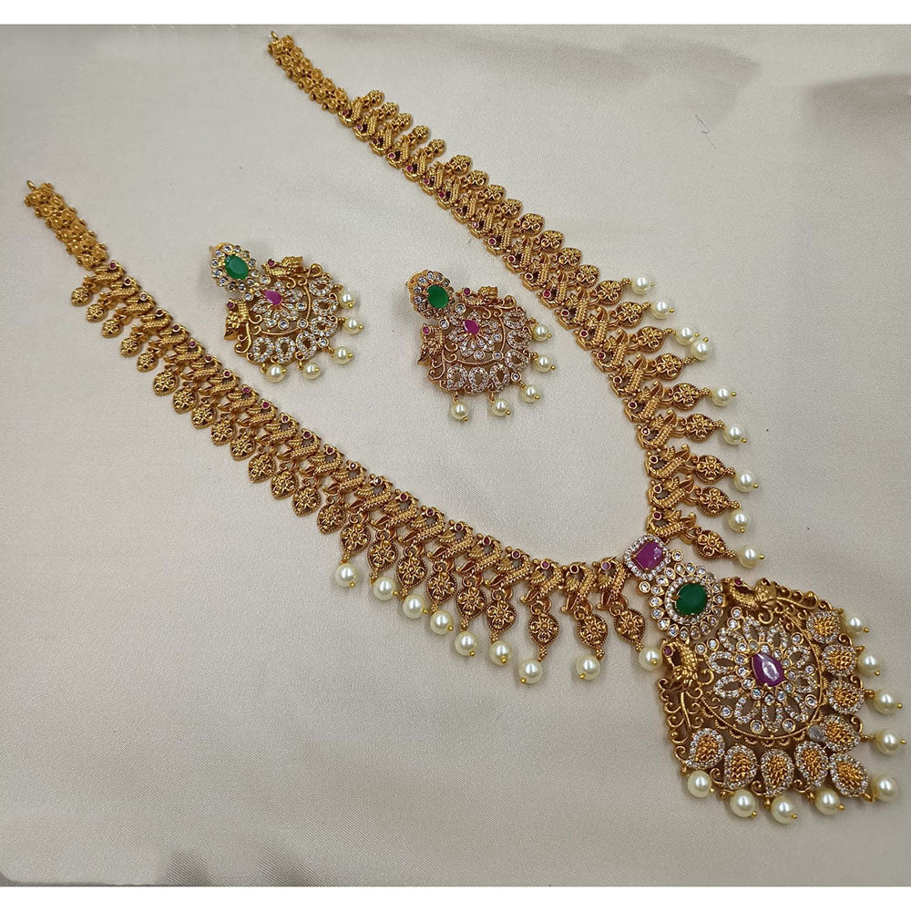 NAFJ Luxury Pota Stone Elephant Pearl Traditional Long Necklace Set