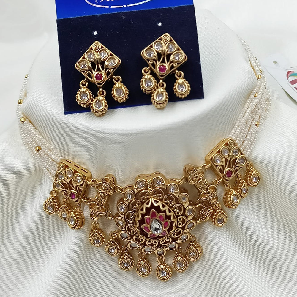 NAFJ Graceful Polki Kundan Stone And Pearl Traditional Choker Necklace Set