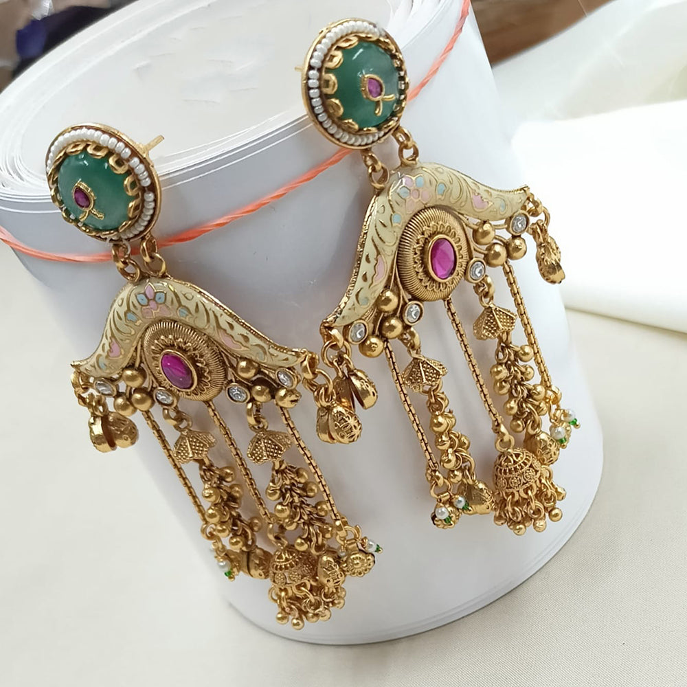 NAFJ Rajwadi Style Pota Stone And Pearl Meenakari Grand Jhumki Earrings