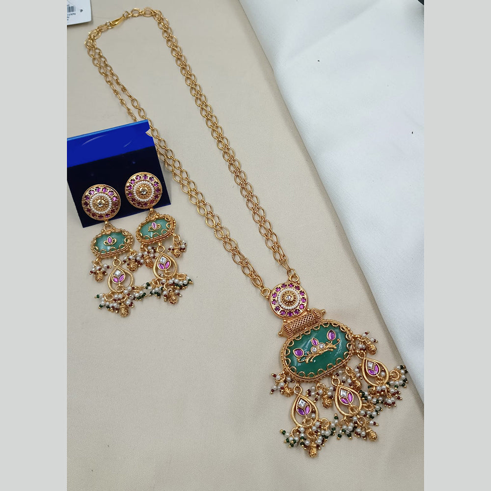 NAFJ Elegant Pota Stone And Crystal Stone Pearl Long Necklace Set