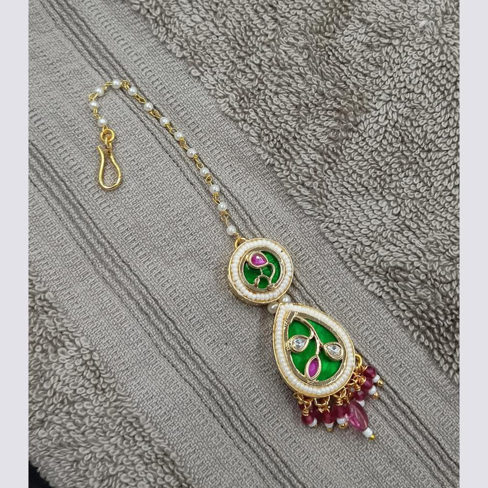 NAFJ Sparkling Polki Kundan Stone And Pearl Maangtikka