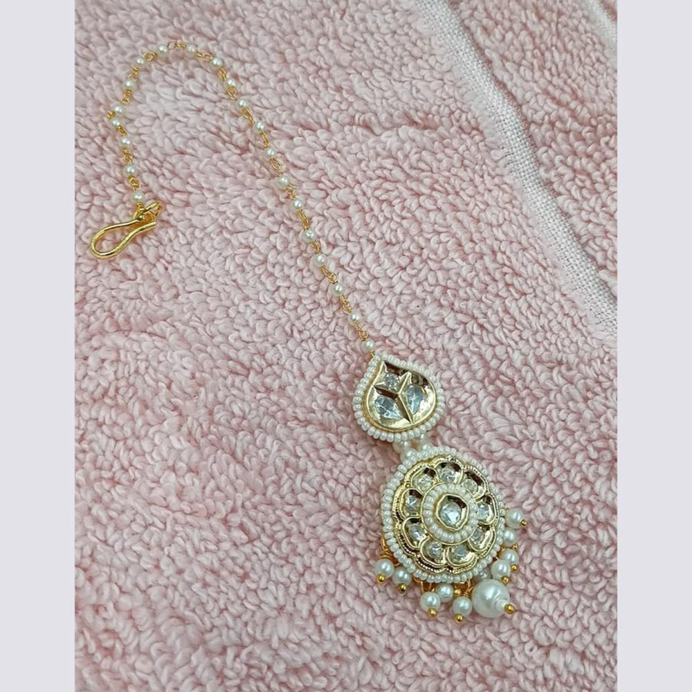 NAFJ Sparkling Polki Kundan Stone And Pearl Maangtikka