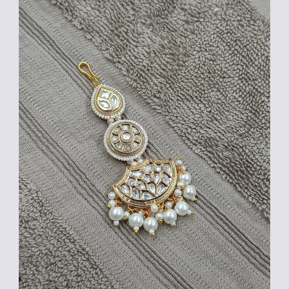 NAFJ Sparkling Polki Kundan Stone And Pearl Maangtikka