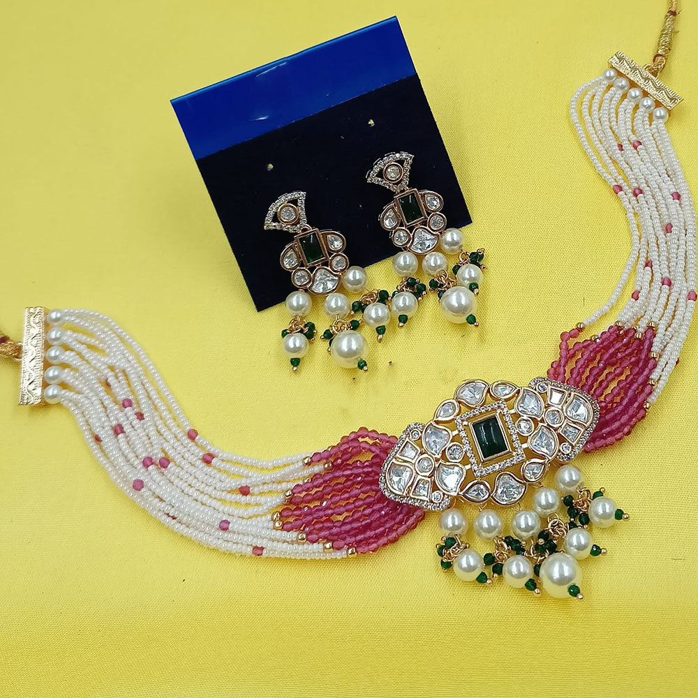 NAFJ Glam Polki Kundan Stone Pearl And Beaded Choker Necklace Set