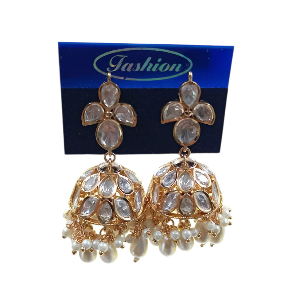 NAFJ Heritage Style Polki Kundan Pearl And Beads Jhumki Earrings