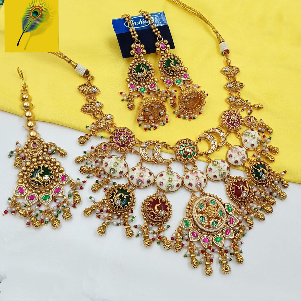 NAFJ Premium Pota Stone And Pearl Meenakari Necklace Set
