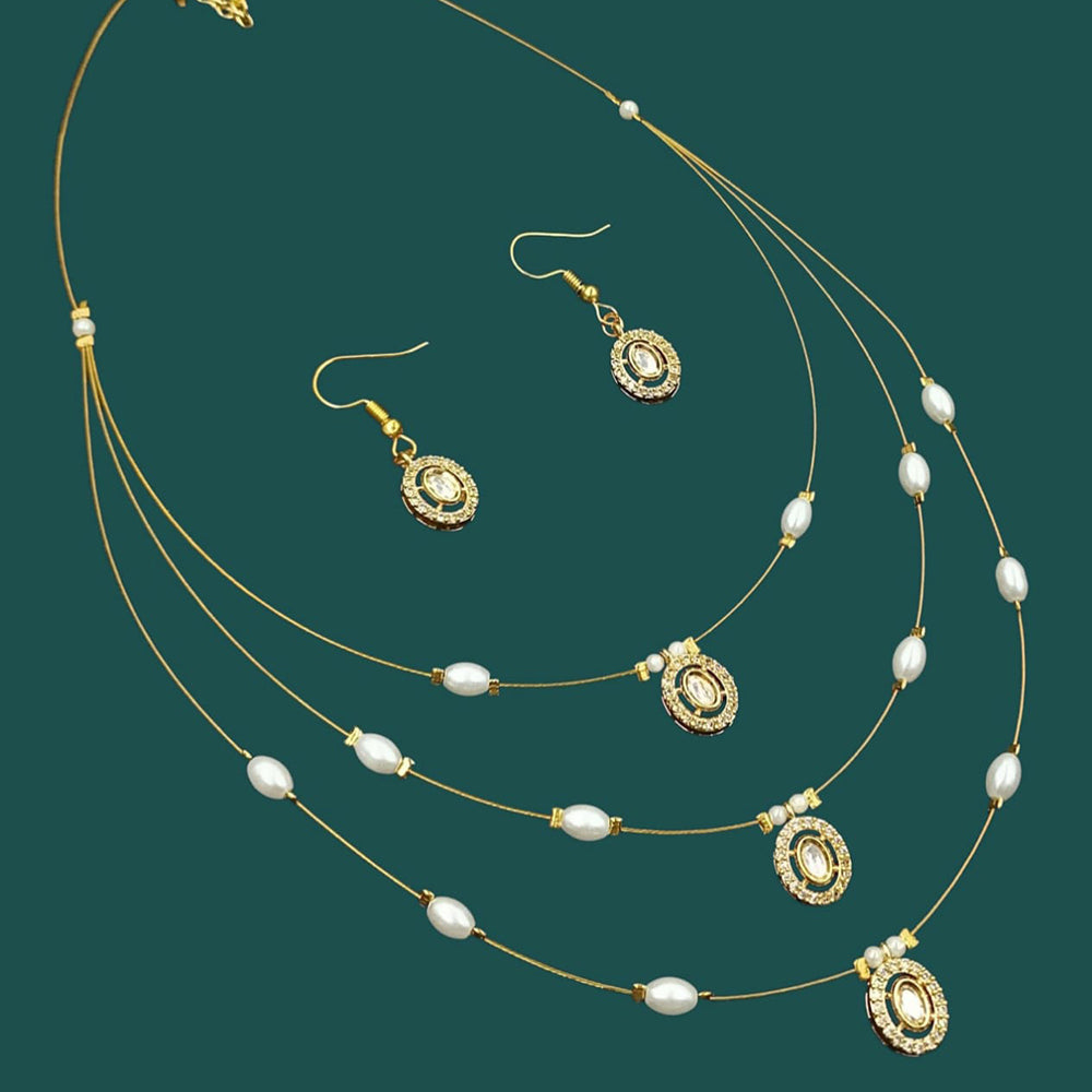 NAFJ Lightweight Multi Layer Floating Chain  Crystal Stone Beads and Pearl Fancy Necklace Set for All Occasions