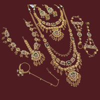 NAFJ Premium Pota Stone Pearl And Beads Meenakari Bridal Jewellery Set