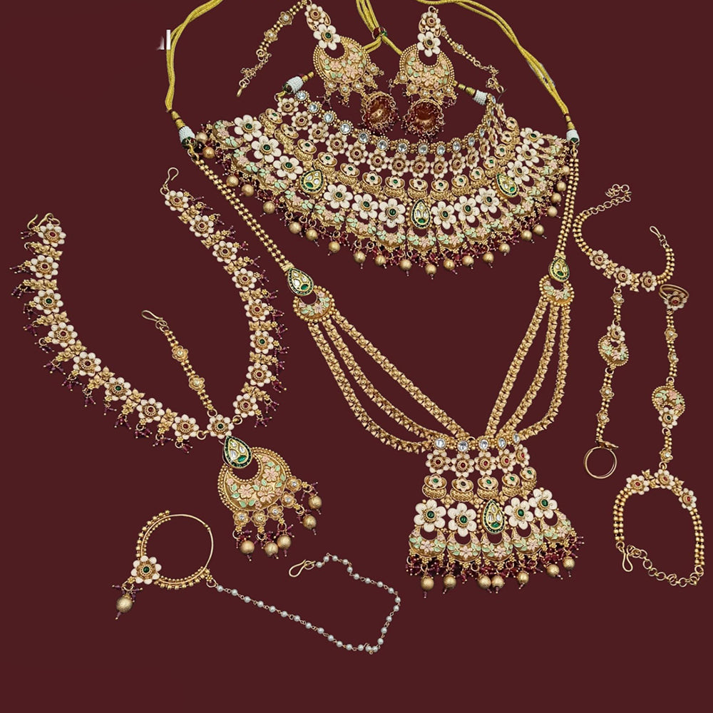 NAFJ Premium Pota Stone Pearl And Beads Meenakari Bridal Jewellery Set