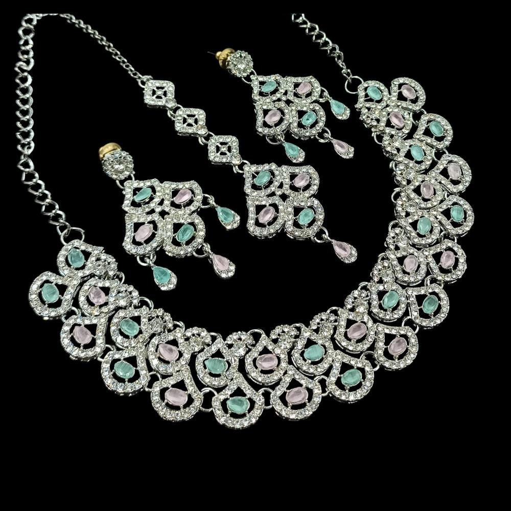 NAFJ Glamorous Crystal Stone And Austrian Stone Designer Necklace Set With Maangtikka