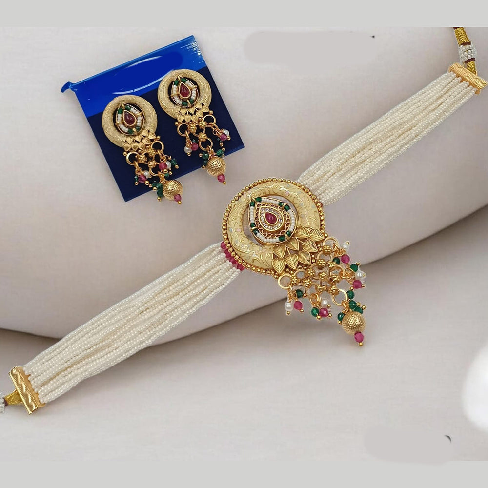 NAFJ Maharani Style Pota Stone And Pearl Meenakari Choker Necklace Set 