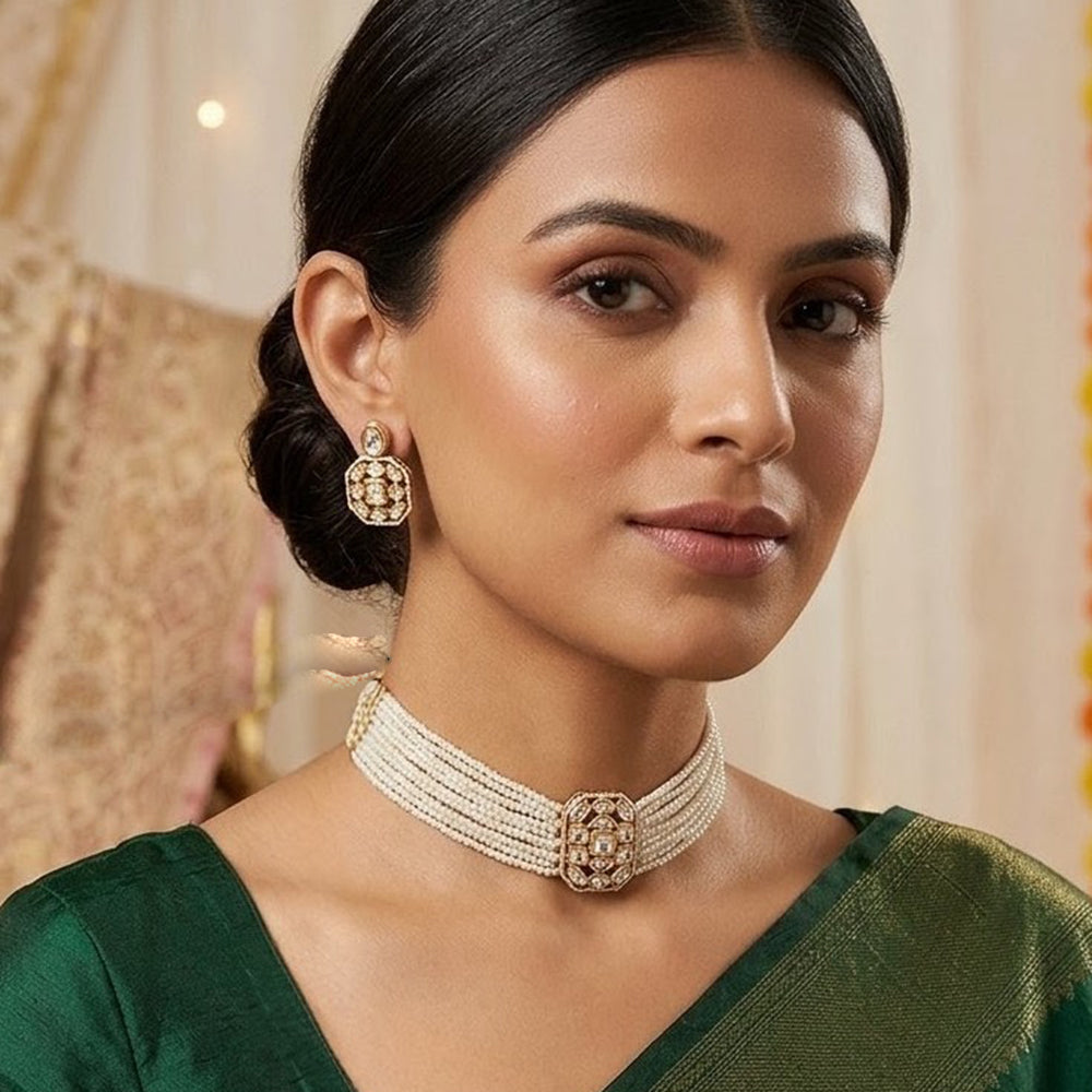 NAFJ Graceful Polki Kundan Stone And Pearl Choker Necklace Set