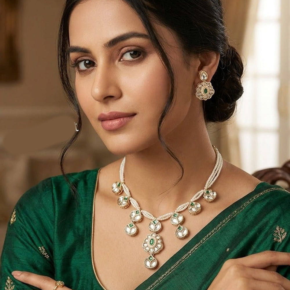NAFJ Graceful Polki Kundan Stone And Pearl Necklace Set