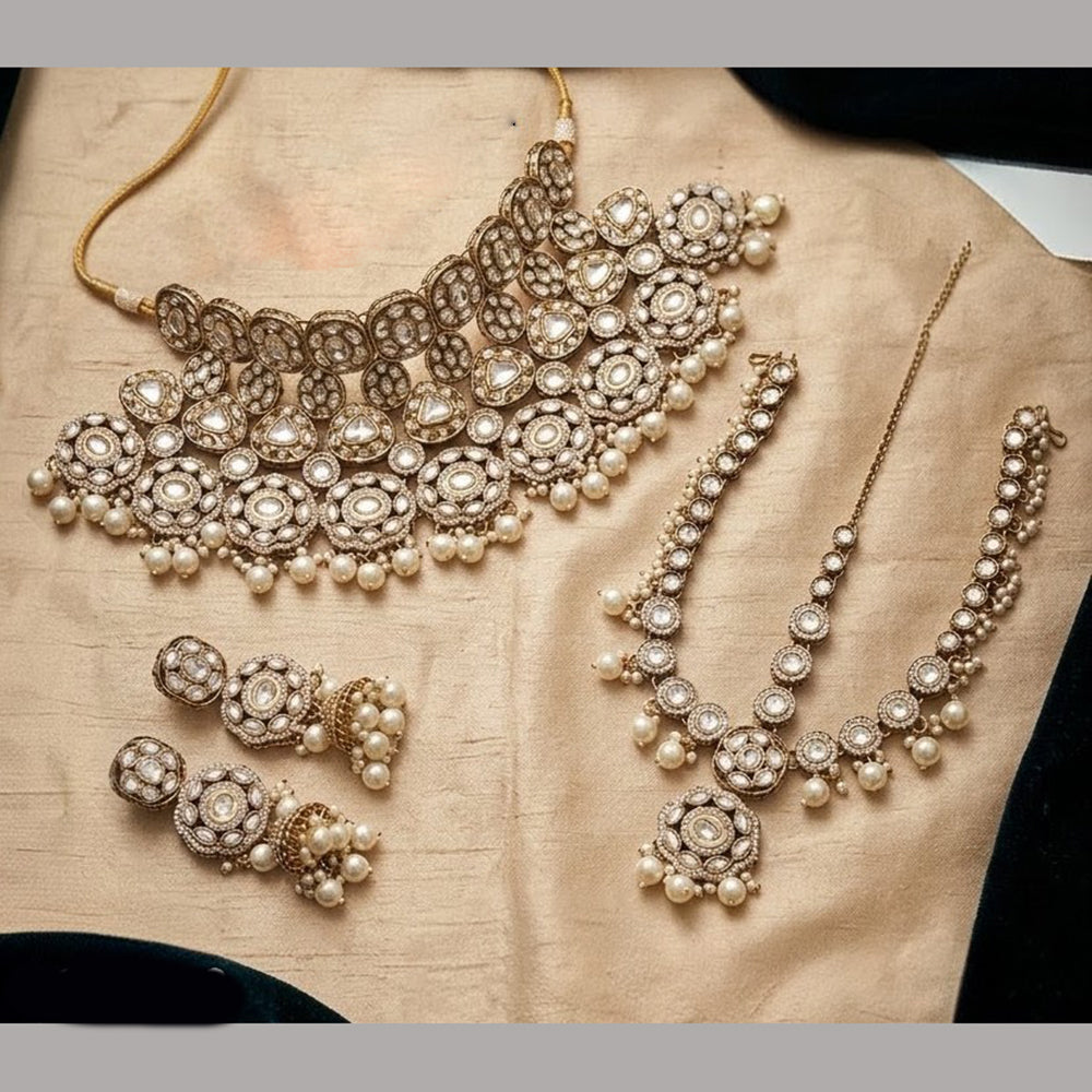 NAFJ Classic Kundan Stone Pearl And Beads Choker Necklace Set With Damini Maangtikka