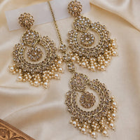 NAFJ Elegant Crystal Pearl And Beads Dangler Earrings With Matching Maangtikka