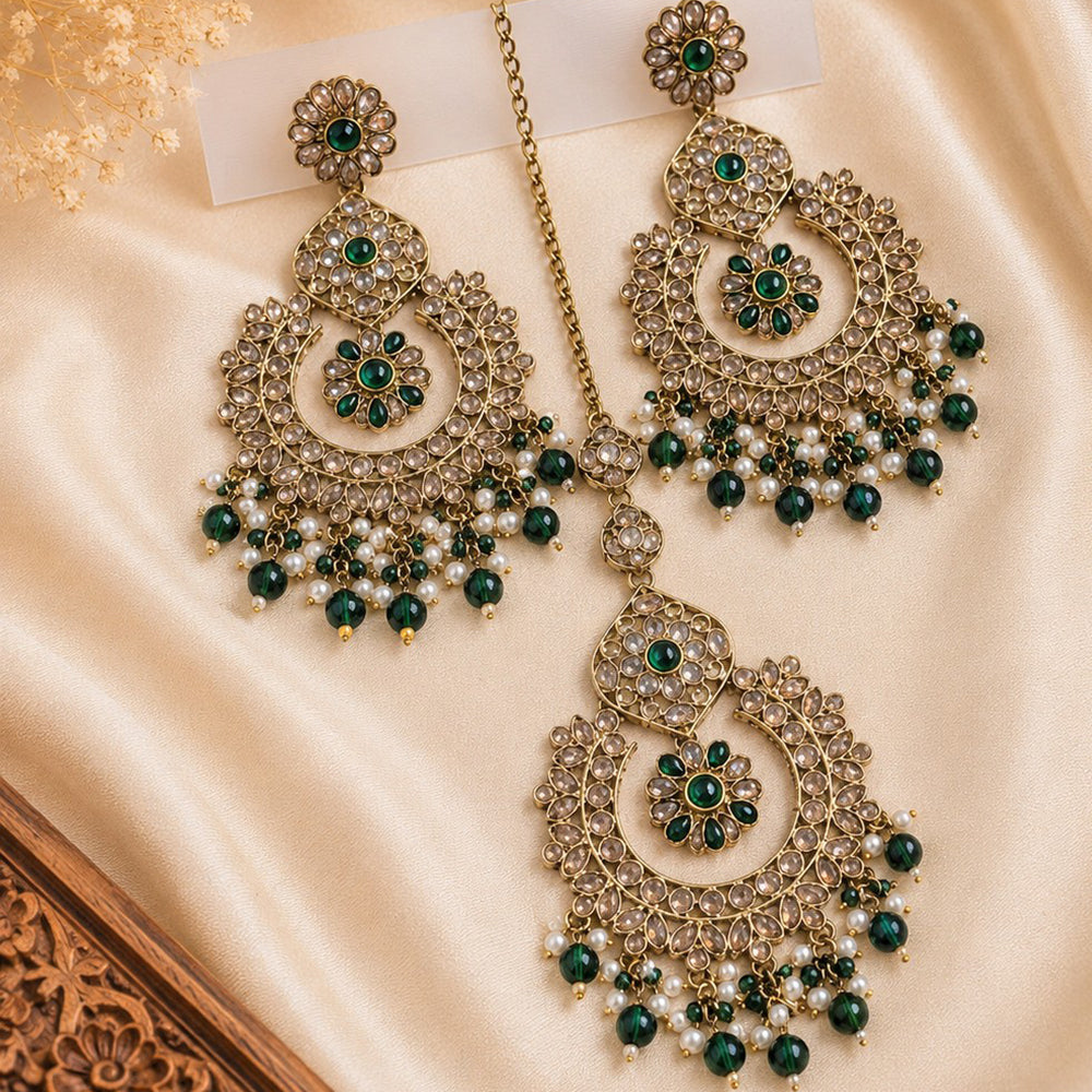NAFJ Elegant Crystal Pearl And Beads Dangler Earrings With Matching Maangtikka