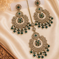 NAFJ Elegant Crystal Pearl And Beads Dangler Earrings With Matching Maangtikka